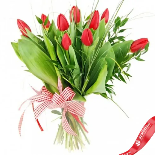 Фото 1: 9 красных тюльпанов с зеленью. Сервис доставки цветов AzaliaNow
