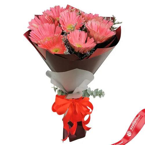 Фото 1: Букет из 9 розовых гербер в красной и черной бумаге крафт. Сервис доставки цветов AzaliaNow