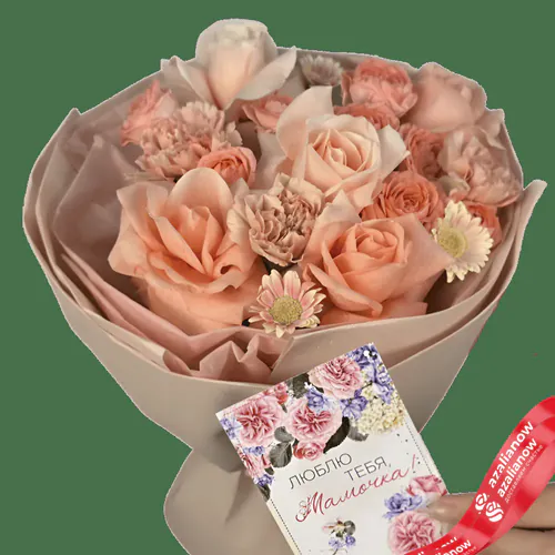 Фото 1: Букет из роз, гвоздик и гермини «Моя мама». Сервис доставки цветов AzaliaNow