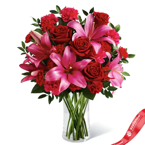 Фото 1: Букет из красных роз, гвоздик и лилий «Милада». Сервис доставки цветов AzaliaNow