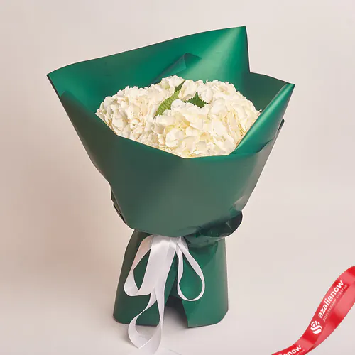 Фото 1: Букет из 5 белых гортензий в зеленой бумаге «Из цветочков и звоночков». Сервис доставки цветов AzaliaNow