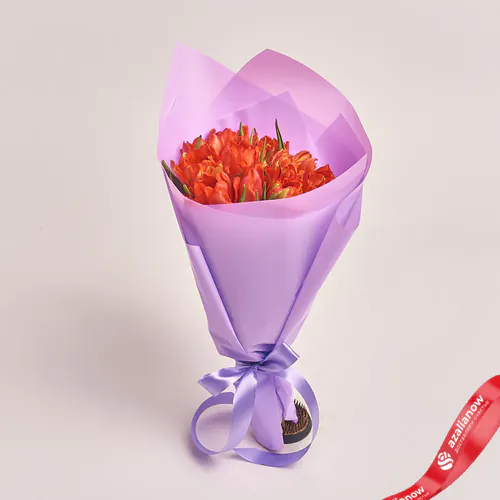Фото 1: Букет из 11 пионовидных красных тюльпанов в фиолетовой пленке. Сервис доставки цветов AzaliaNow