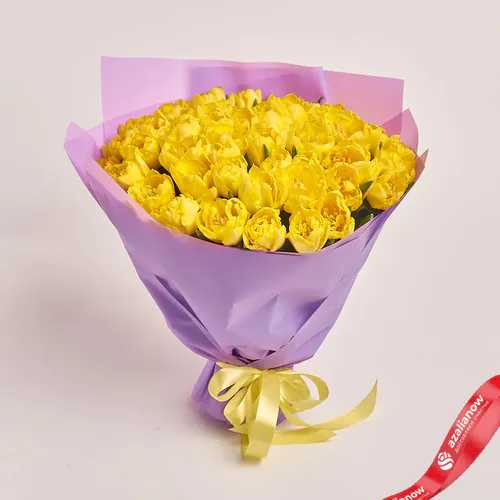 Фото 1: Букет из 51 пионовидного желтого тюльпана в фиолетовой пленке. Сервис доставки цветов AzaliaNow
