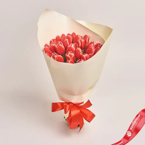 Фото 1: Букет из 35 красных тюльпанов в белой бумаге. Сервис доставки цветов AzaliaNow