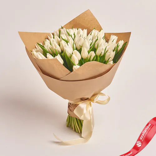 Фото 1: Букет из 51 белого тюльпана в крафте с лентой. Сервис доставки цветов AzaliaNow