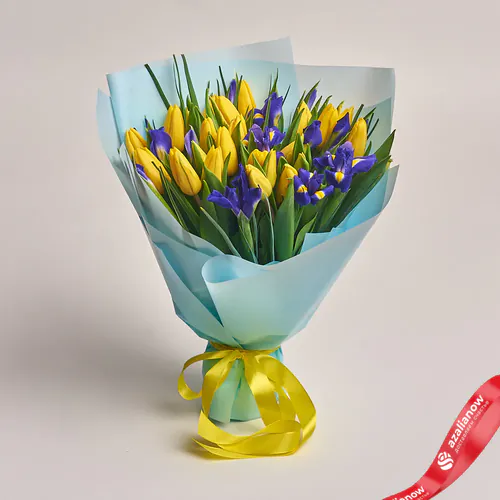 Фото 1: Букет их желтых тюльпанов и синих ирисов в голубой пленке. Сервис доставки цветов AzaliaNow