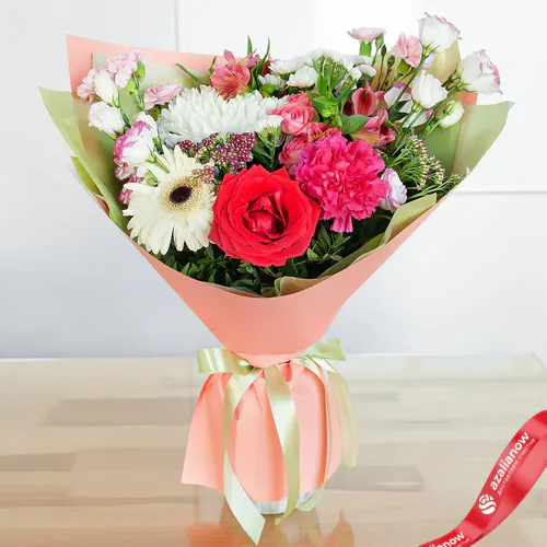 Фото 1: Букет из роз, хризантем, гербер, гвоздик «Яркость». Сервис доставки цветов AzaliaNow