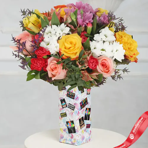 Фото 1: Букет из роз, хризантем, гвоздик, альстромерий «Фестиваль цветов». Сервис доставки цветов AzaliaNow
