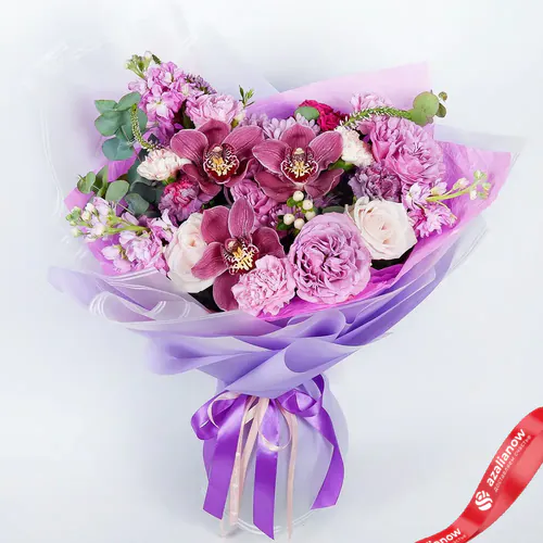 Фото 1: Букет из роз, гвоздик, орхидей «Искреннее счастье». Сервис доставки цветов AzaliaNow