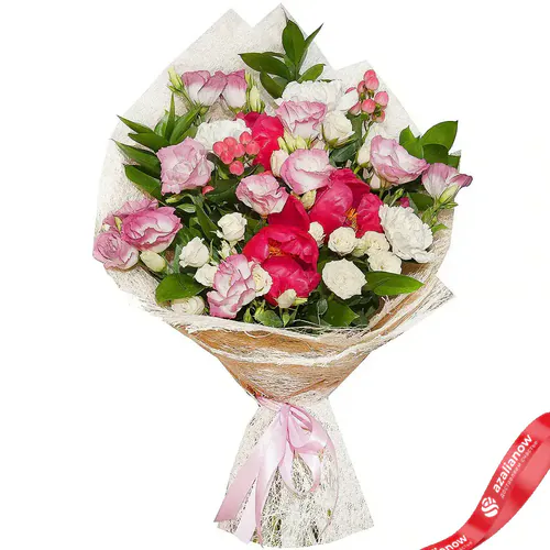 Фото 1: Букет из гвоздик, пионов, роз, лизиантусов «Любовь и радость». Сервис доставки цветов AzaliaNow