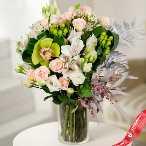 Фото 1: Букет из роз, альстромерий, лизиантуса, орхидеи «Натуральный». Сервис доставки цветов AzaliaNow