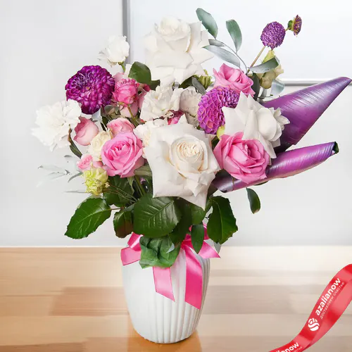 Фото 2: Букет из роз, георгин, гвоздик и лизиантуса «Нежные моменты». Сервис доставки цветов AzaliaNow