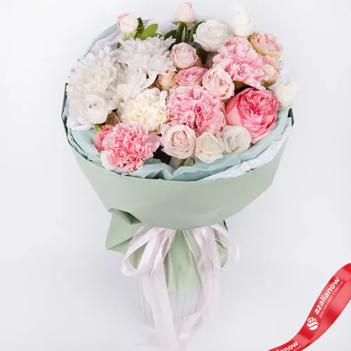 Фото 1: Букет из роз, гвоздик, хризантем, лизиантусов «Нежный орнамент». Сервис доставки цветов AzaliaNow